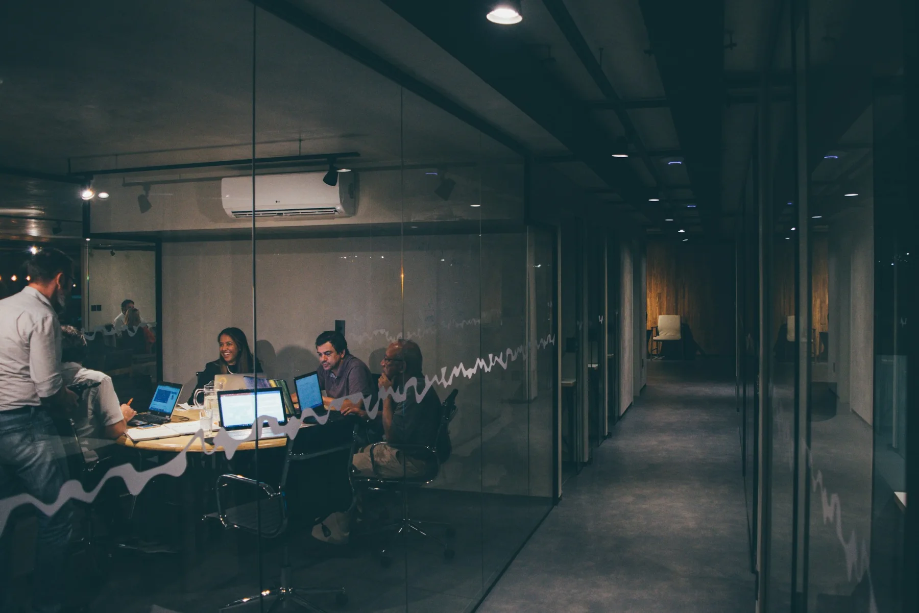 A team collaborating during an evening work session